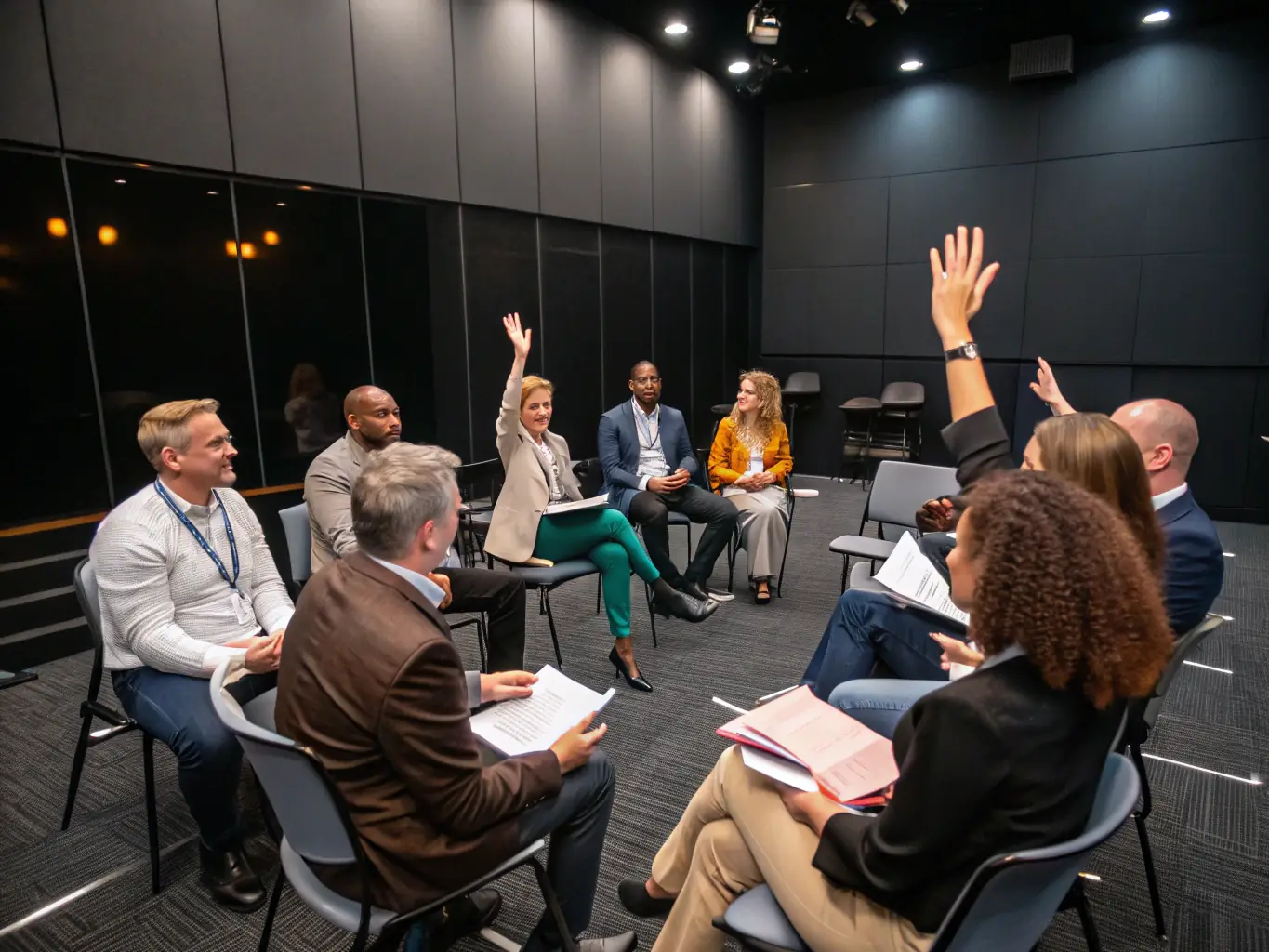 An image depicting a diverse group of executives participating in a leadership training workshop, with a focus on interactive learning and collaboration.