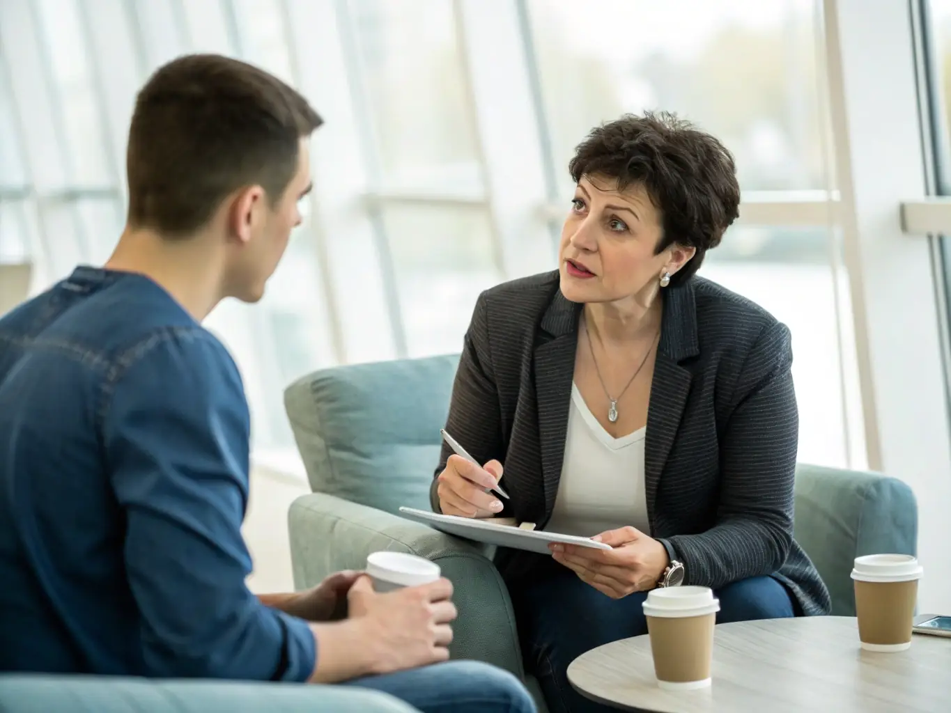 An executive is receiving personalized career coaching, with a coach providing guidance and support in a one-on-one session. The setting is professional and conducive to personal growth.
