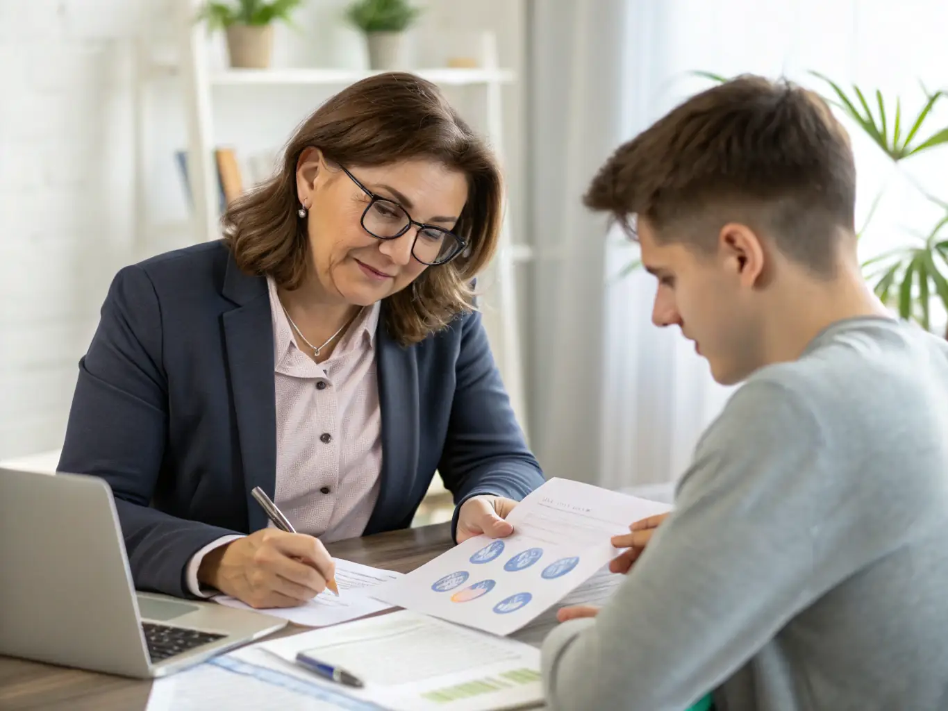 An image of a professional conducting a skills assessment with an executive, featuring charts and feedback forms.