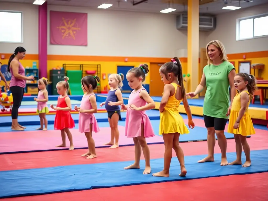 A dynamic image showing young children participating in a gymnastics class, with coaches providing guidance and encouragement in a colorful and safe environment at Avenir Gym MLO.