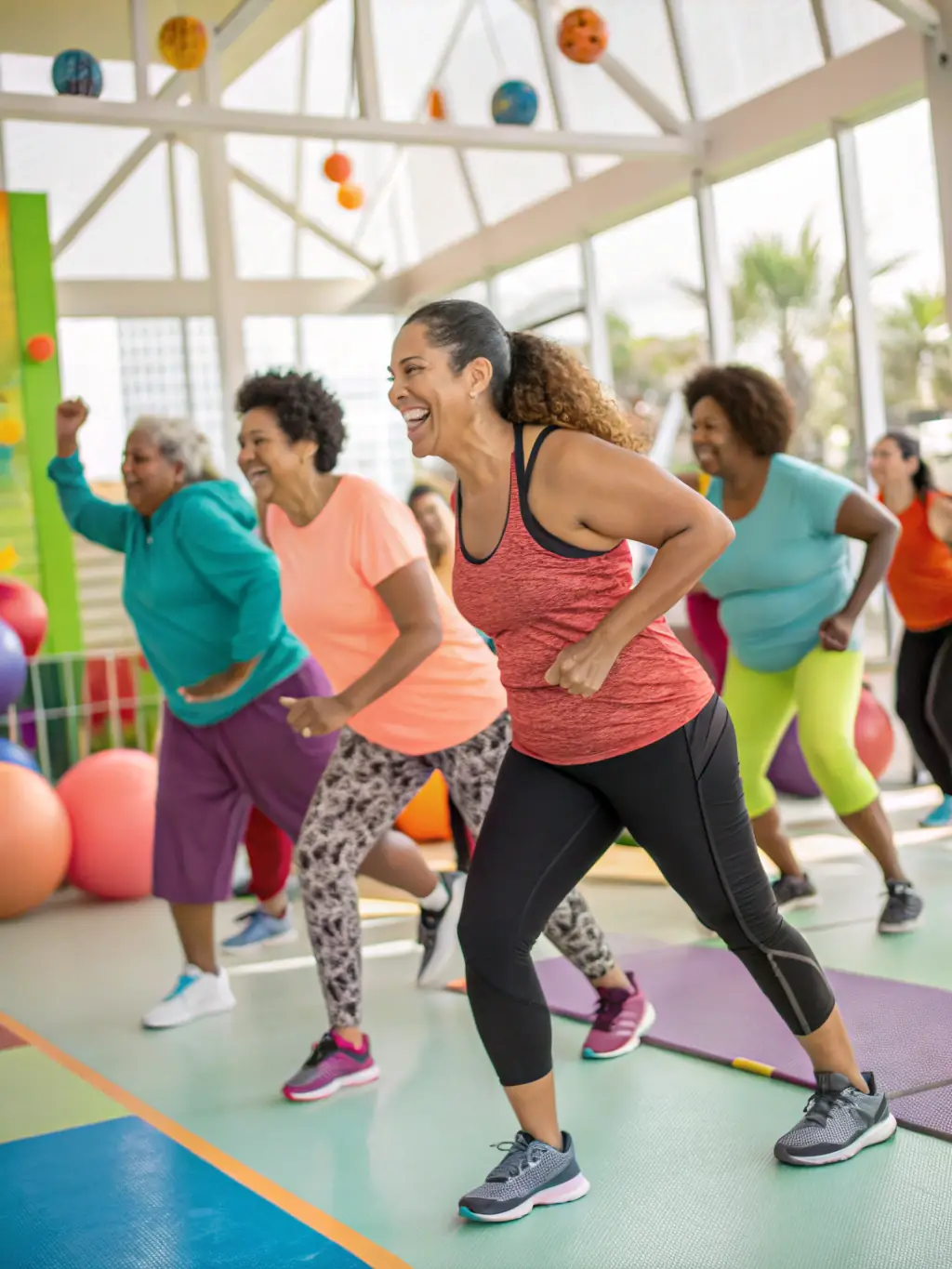 A multigenerational group, including children, teenagers, and adults, are participating in a group warm-up session at Avenir Gym MLO, fostering a sense of community and shared passion for gymnastics.