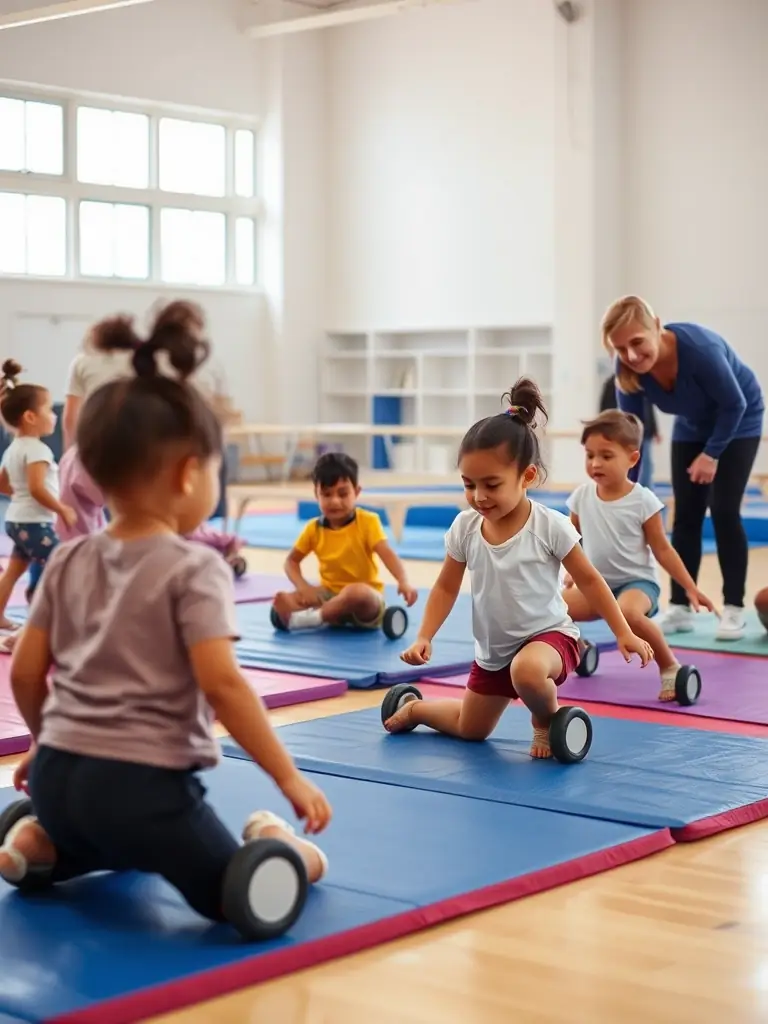 A group of young children, aged 5-7, are joyfully performing basic gymnastic exercises on a colorful mat, guided by an instructor in a bright and spacious gym at Avenir Gym MLO.