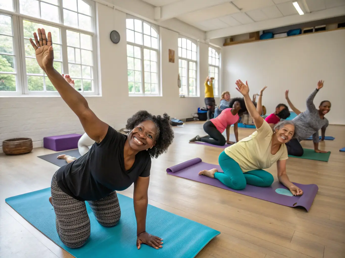 A group of adults enjoying a recreational gymnastics class, demonstrating the fun and fitness benefits of gymnastics for all ages. The participants are engaged in various activities, such as stretching, basic tumbling, and using gymnastics equipment.