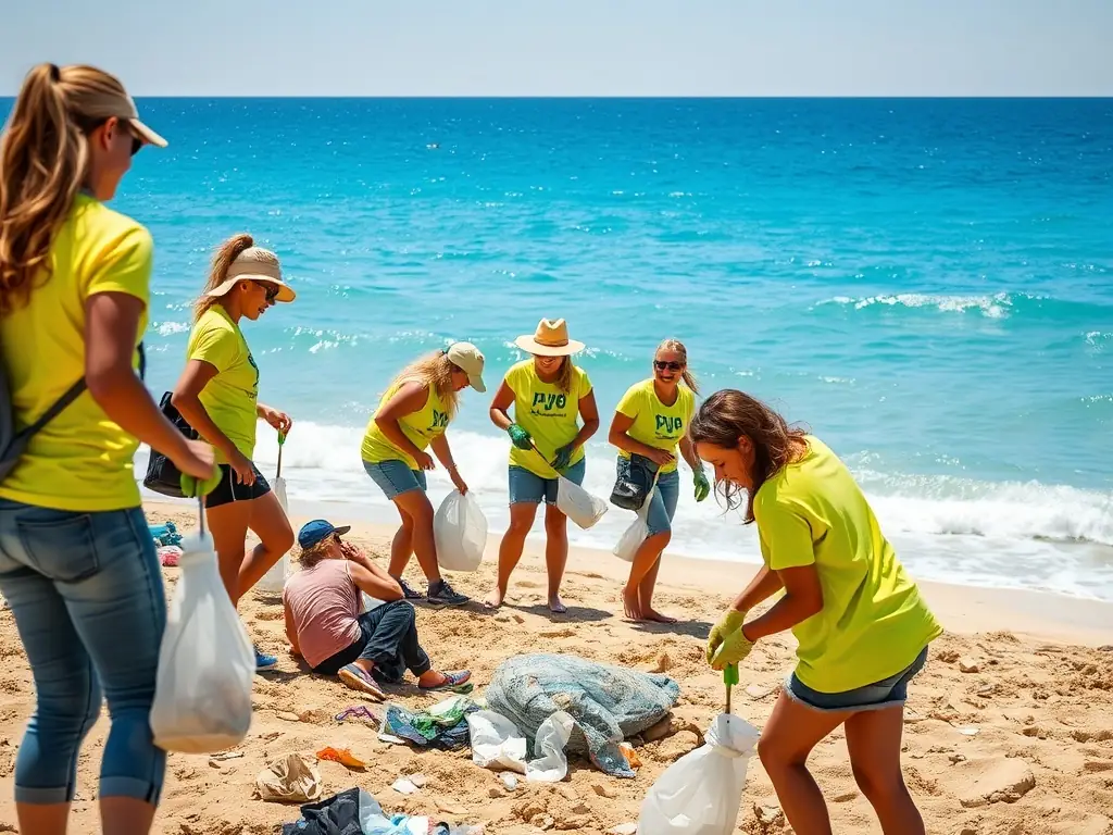 A scenic photo of volunteers cleaning up a coastal area, emphasizing community involvement in environmental preservation.