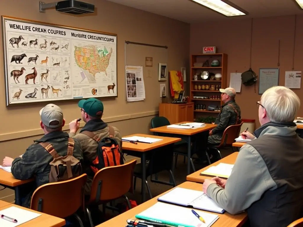 A group of hunters participating in a hunter education program in a classroom setting, learning about wildlife conservation and ethical hunting practices.