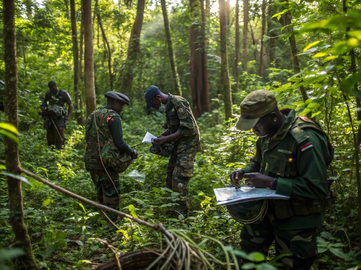 Volunteers participating in an anti-poaching campaign, patrolling a forest area and setting up camera traps to deter illegal hunting activities.