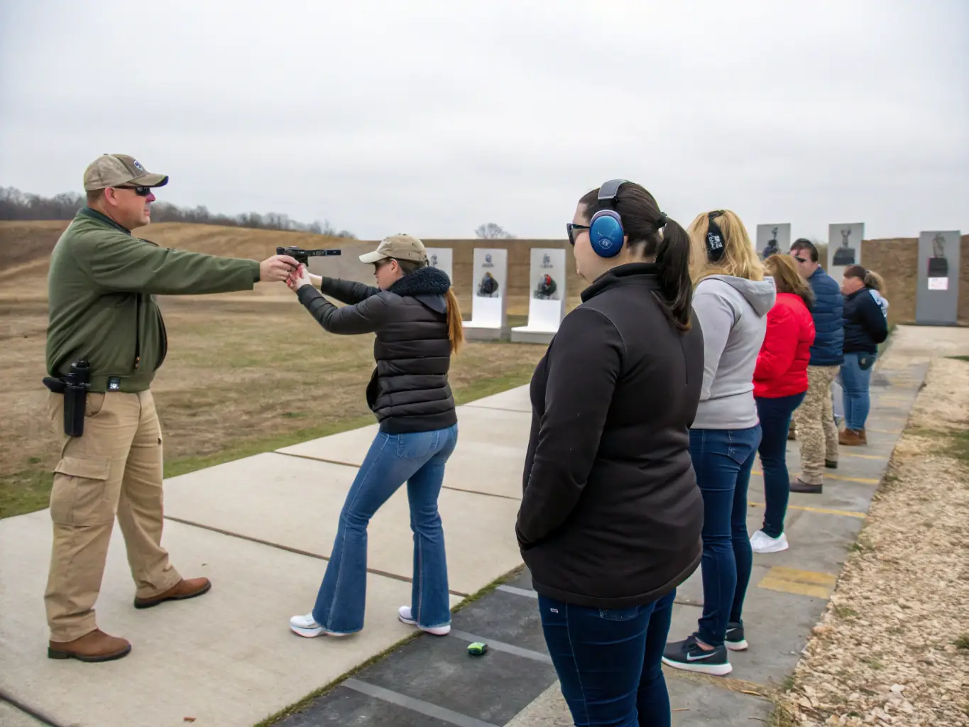 A hunter education class in session, with instructors demonstrating safe firearm handling techniques to a group of attentive students in an outdoor setting.