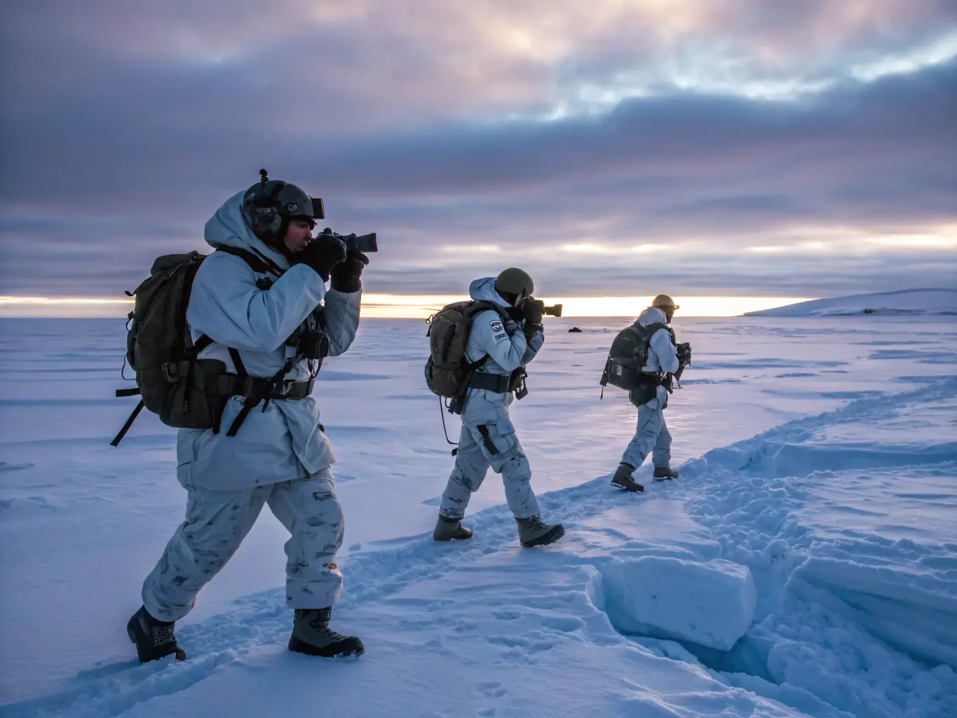 A team of anti-poaching patrollers in action, equipped with binoculars and radios, monitoring a protected area for illegal hunting activities.